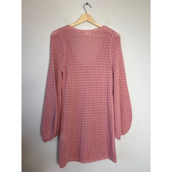 NEW Peony Pointelle Long Sleeve U Neckline Cotton Mini Dress Rose Size: Small - Picture 7 of 8